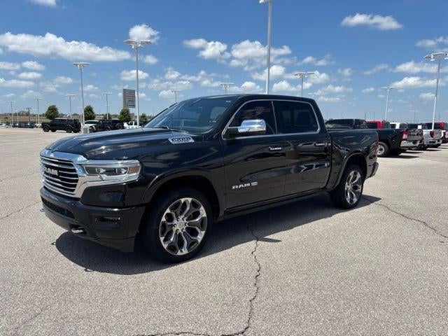 2019 RAM 1500 Longhorn in Diamond Black Cry — front three-quarter view